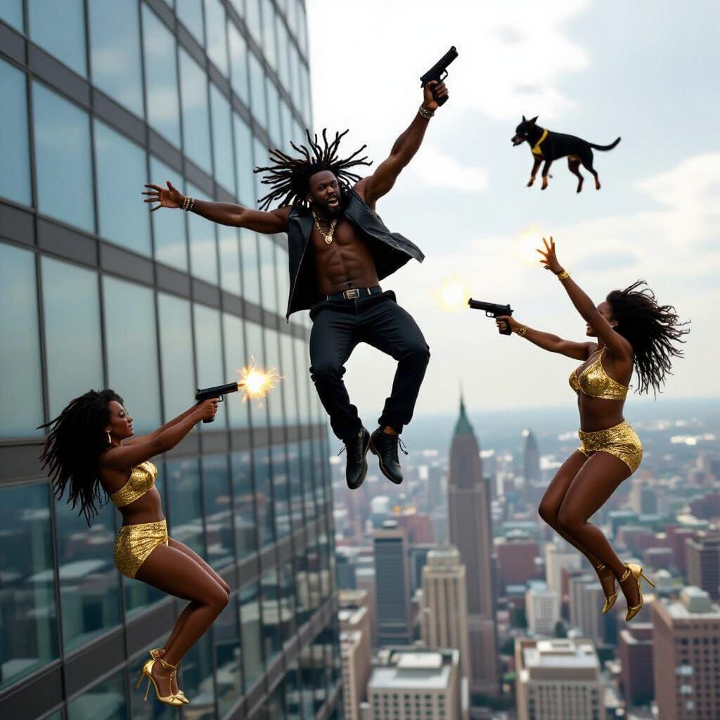 Dynamic Action Scene of Man and Women with Dogs