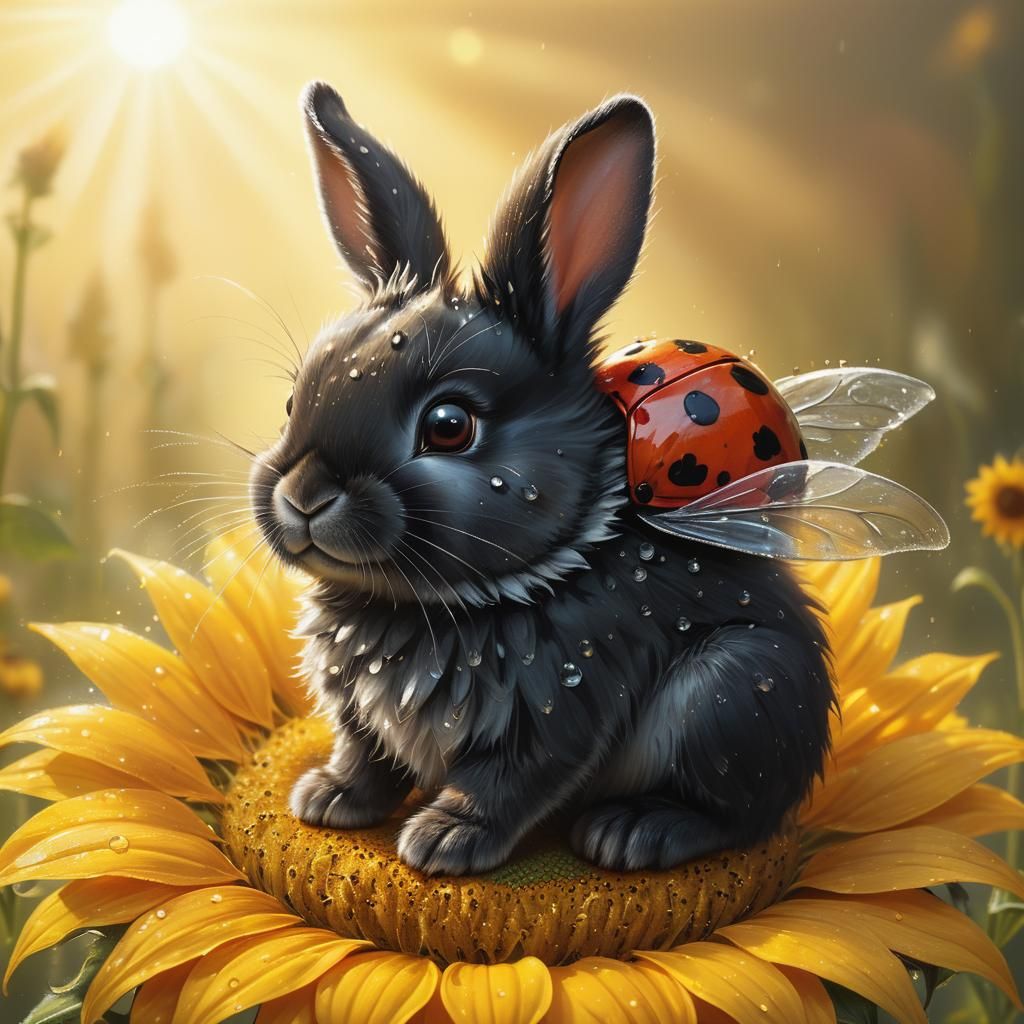 Ladybug Bunny on Sunflower: Whimsical Oil Painting