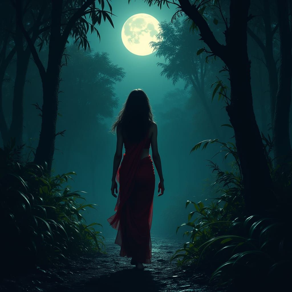 Eerie Moonlit Jungle: Woman in Red Saree