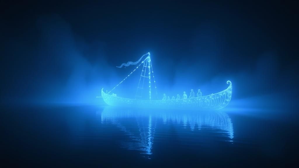 Ethereal Ship of Light Sailing on Misty Lake