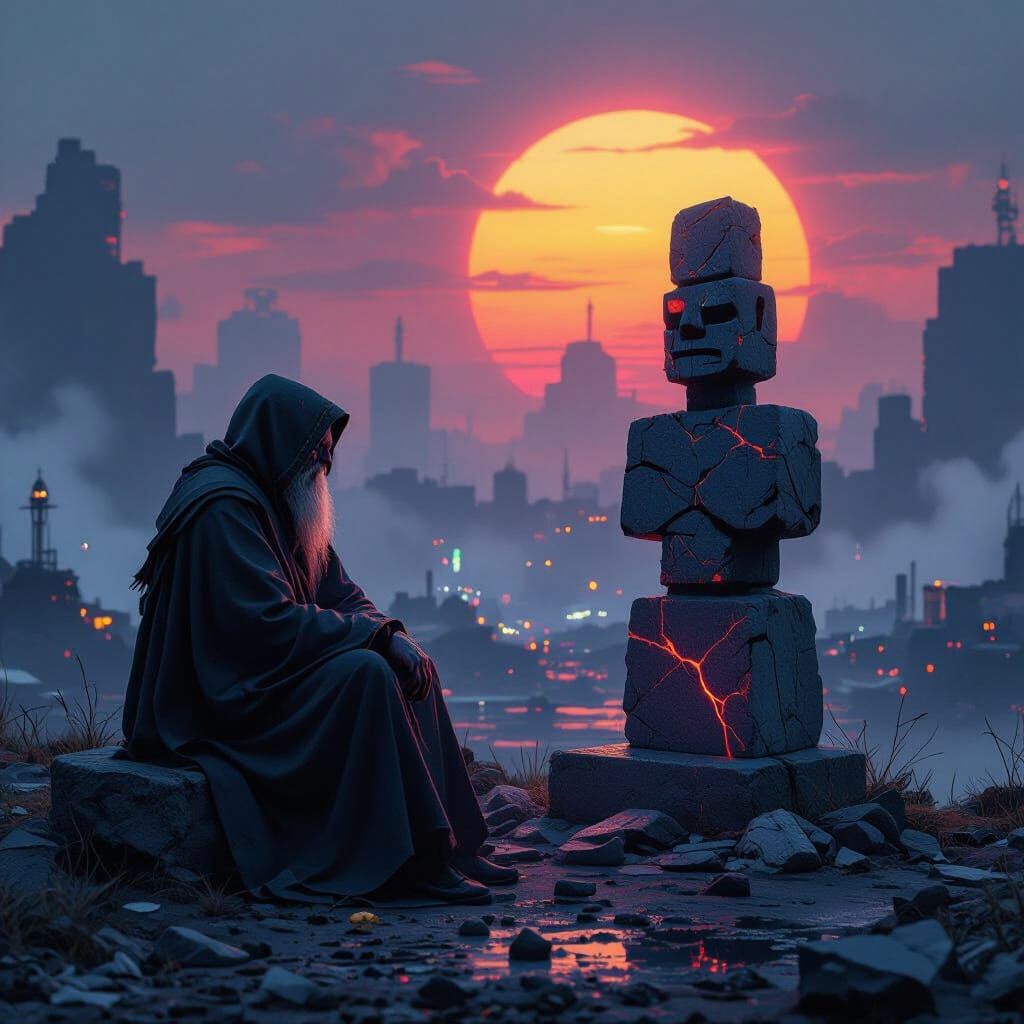 Oracle Contemplating Neon Inukshuk in Cyberpunk Style