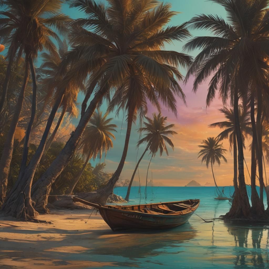 Sunset Beach Boat in Mystical Art Deco Style