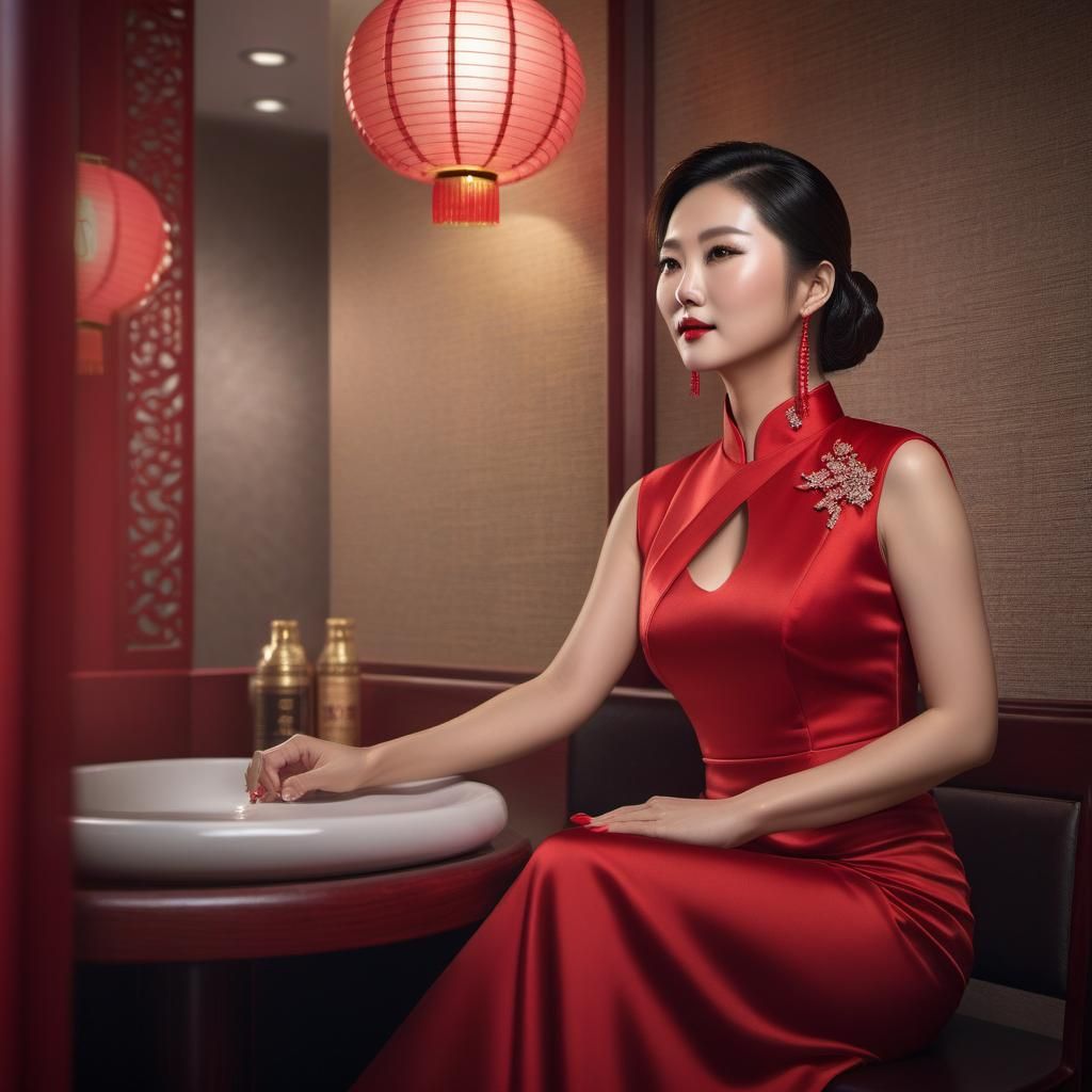 Wealthy Chinese Woman in Restaurant Restroom: Sharp Focus
