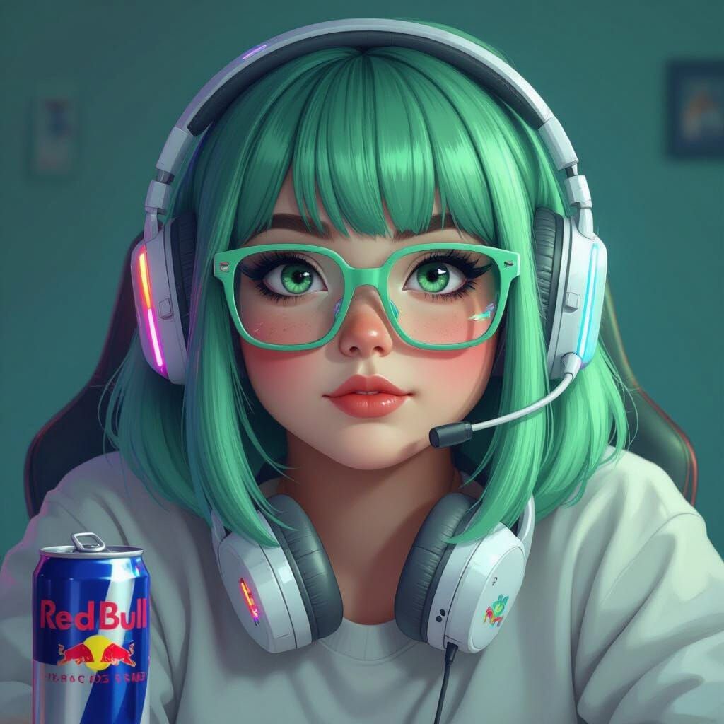 Gamer Girl with Green Hair in Neon Style
