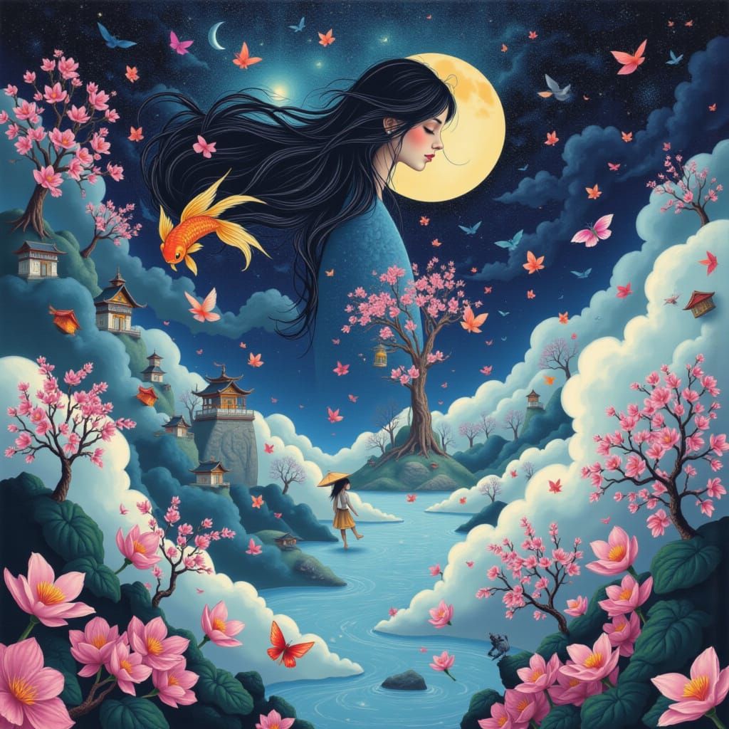 Ethereal Anime Girl in Floating Origami Cities