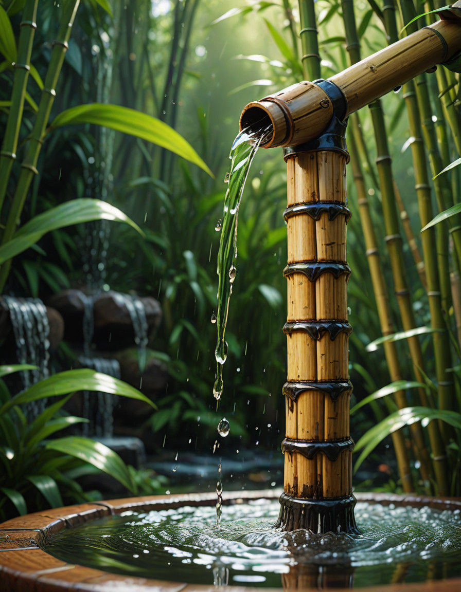 Bamboo Water Fountain in Nature's Splendor