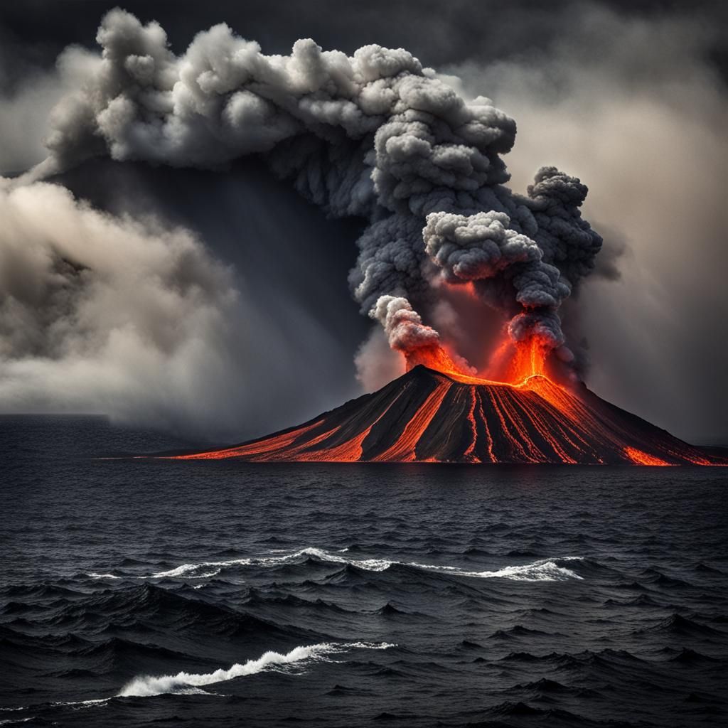 Apocalyptic Volcano Eruption Amidst Tempestuous Seas