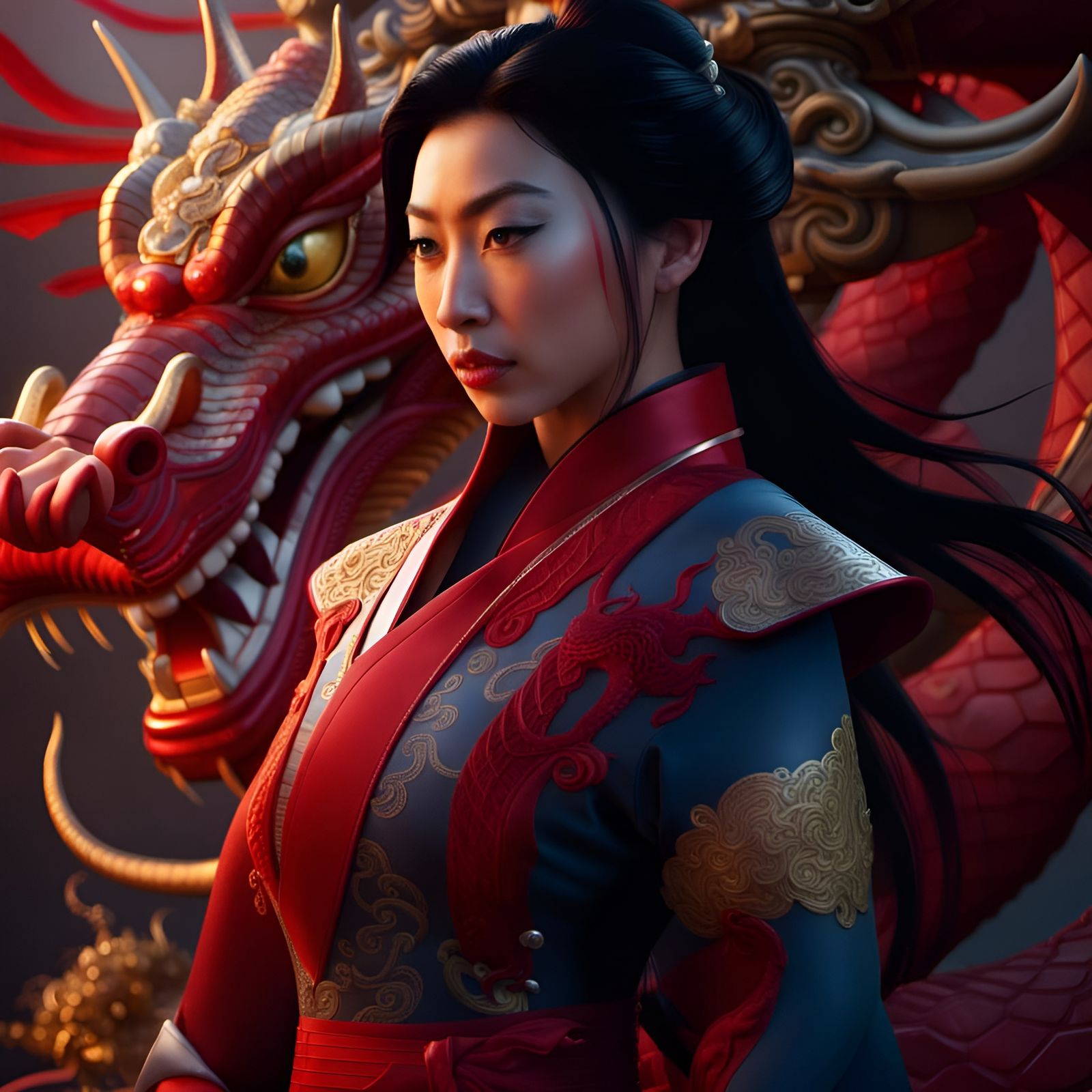 Menacing Mulan Portrait with Dragon, 3D Illustration