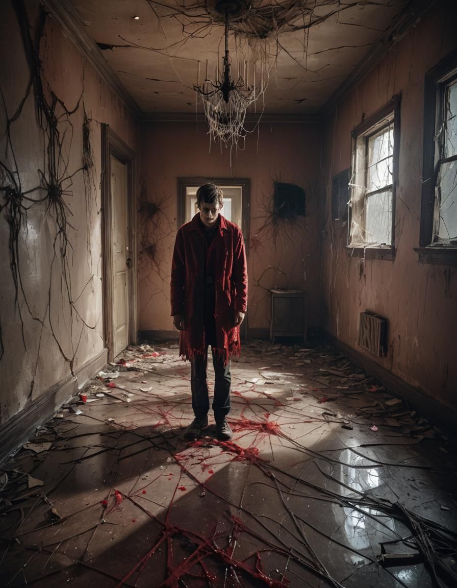 Eerie Surrealism: Desperate Figure in Decaying Room