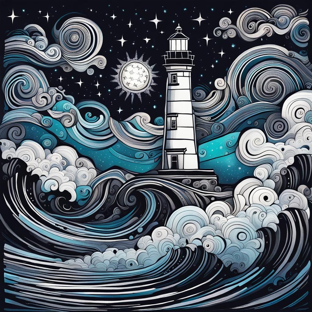Cosmic Lighthouse Illustration in Mixed Media Style