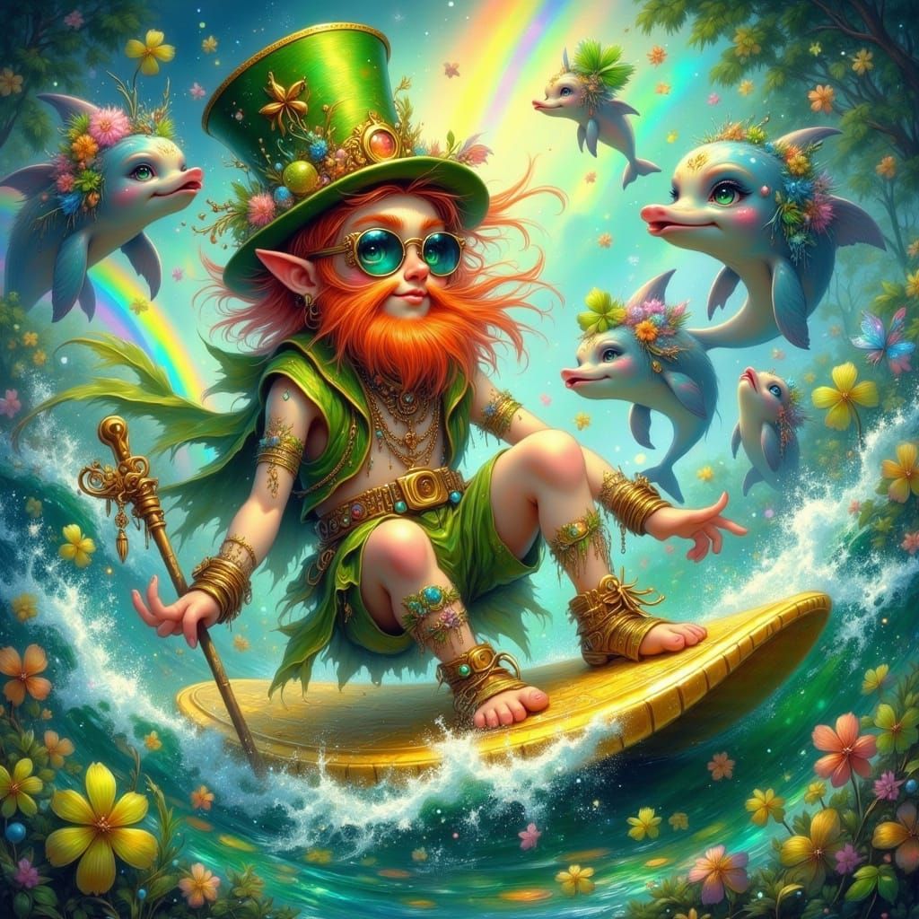 Leprechaun Surfing Gold Coin in Irish Fantasy
