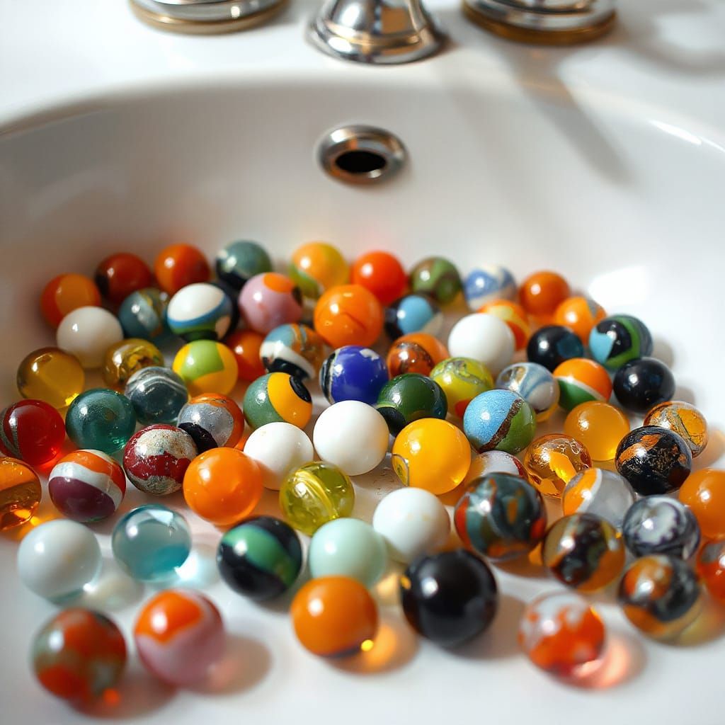 Vibrant Marbles Adorn a Pristine White Porcelain Sink