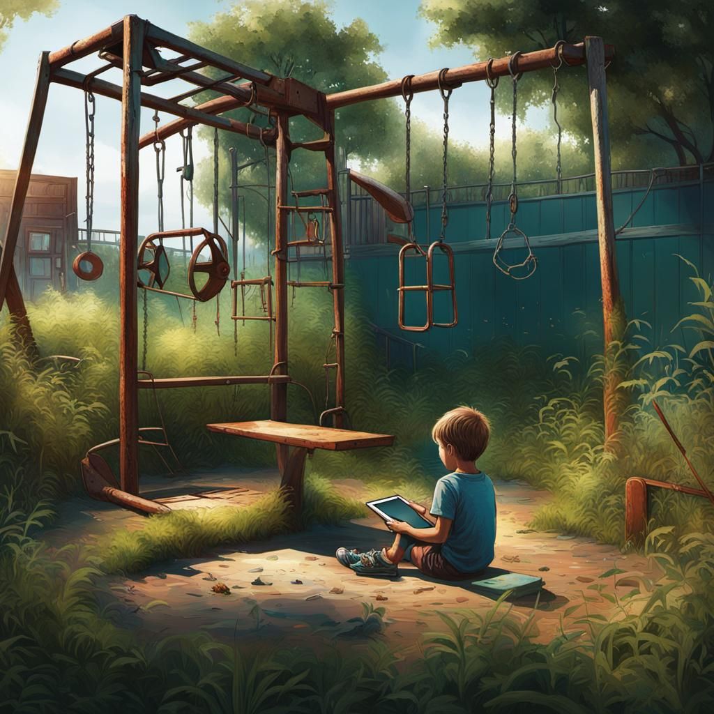 Hyperrealistic Abandoned Playground Scene with Child