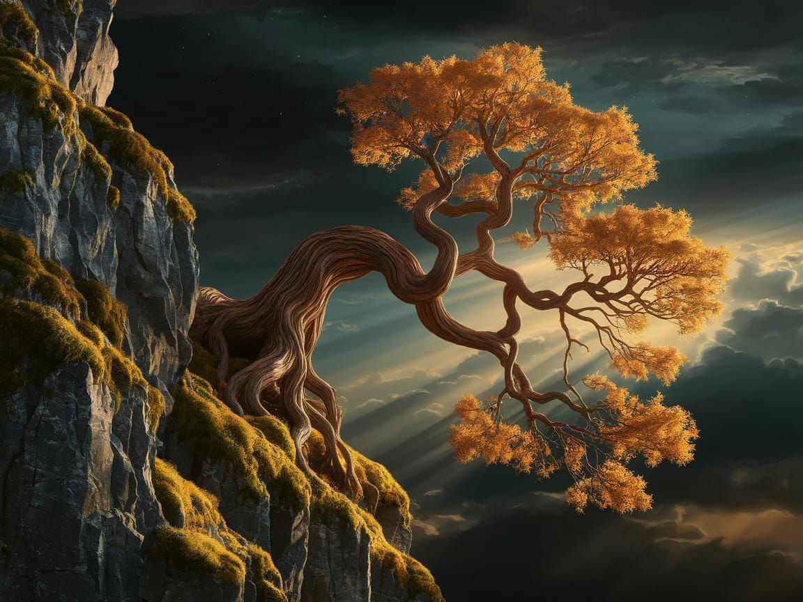 Twisted Tree Emerges from Rocky Cliffside in Golden Hour