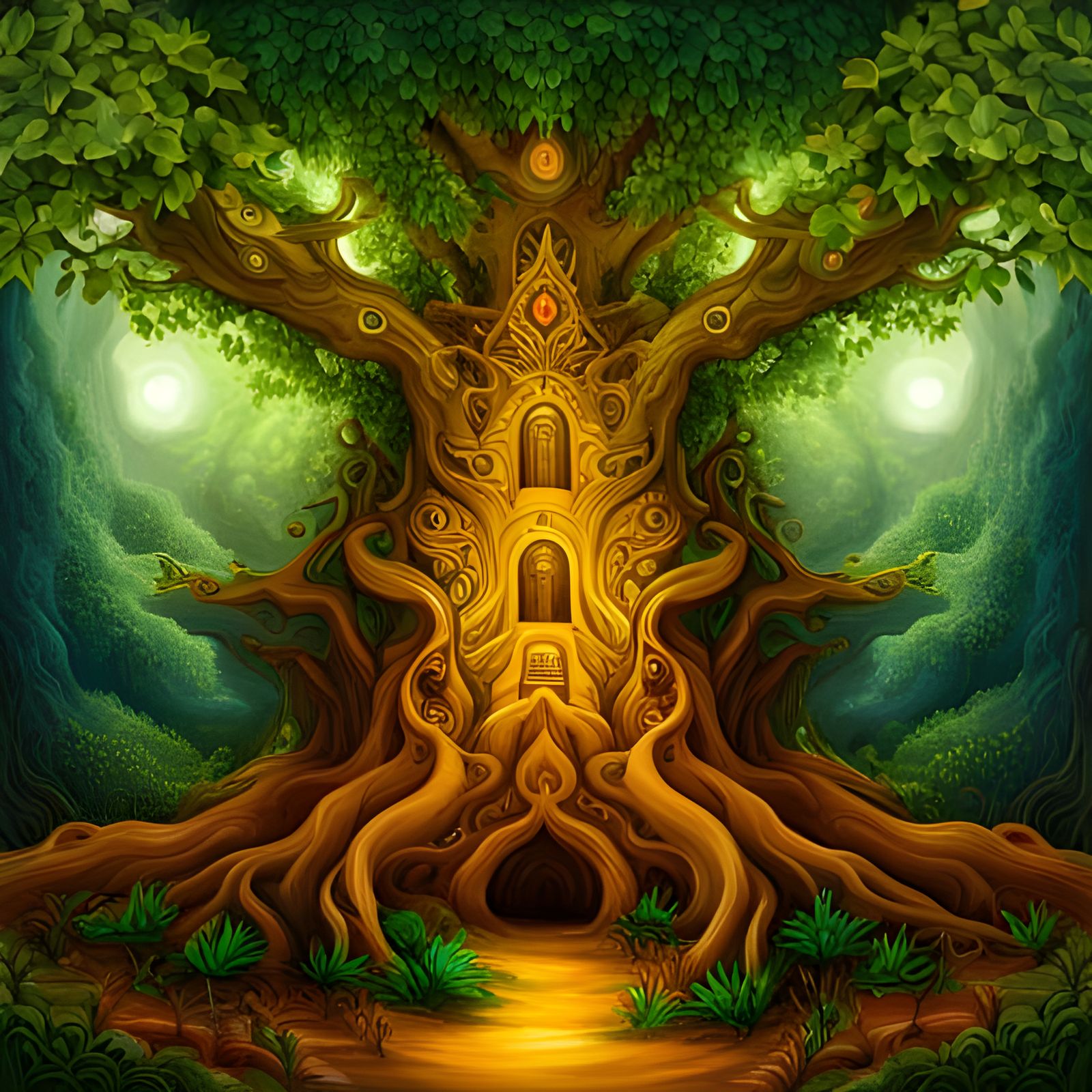 Ornate Tree in a Magical Forest Illustration
