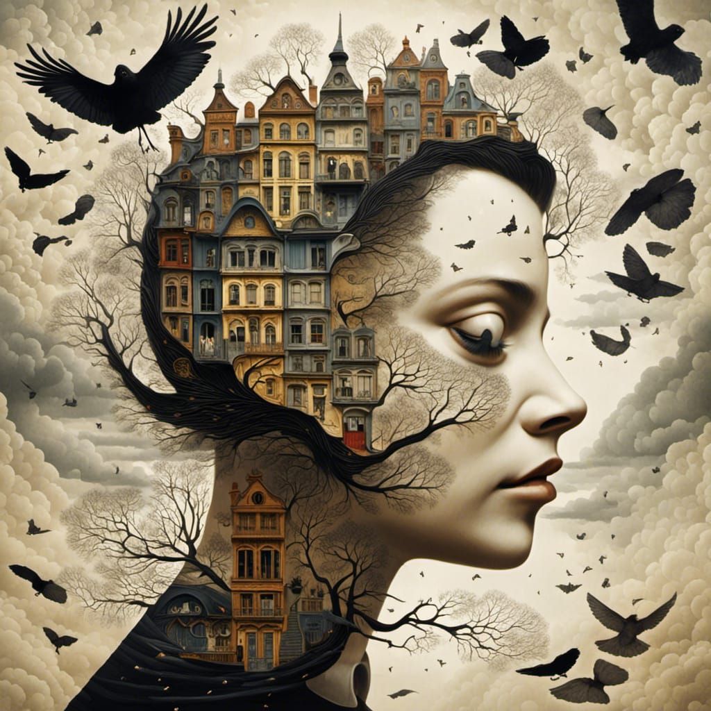 Double Exposure: Cat and Raven in Gothic Style