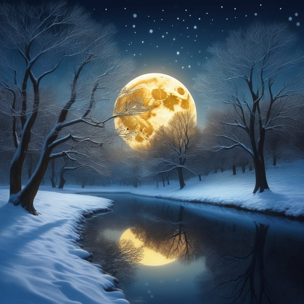 Magical Winter Night Landscape with Glowing Full Moon