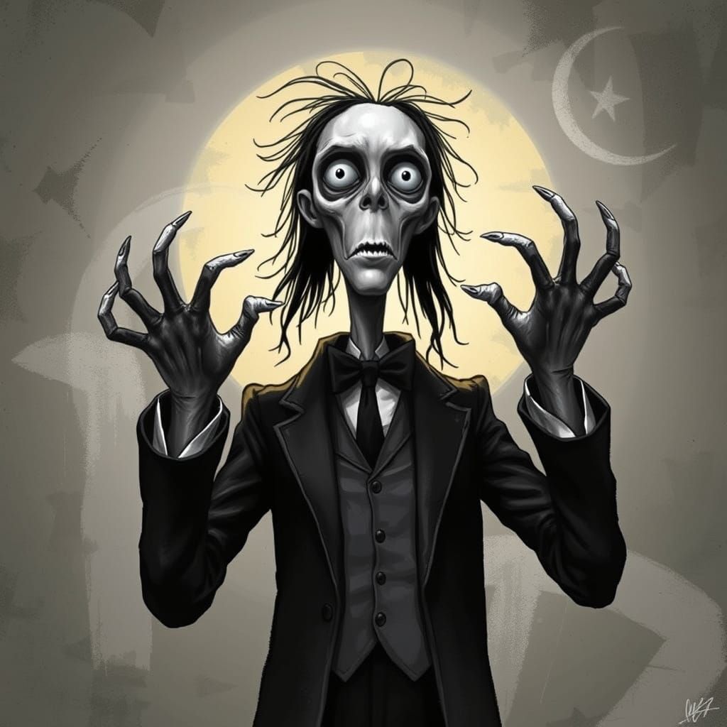 Man with Shoehorn Hands in Tim Burton Style