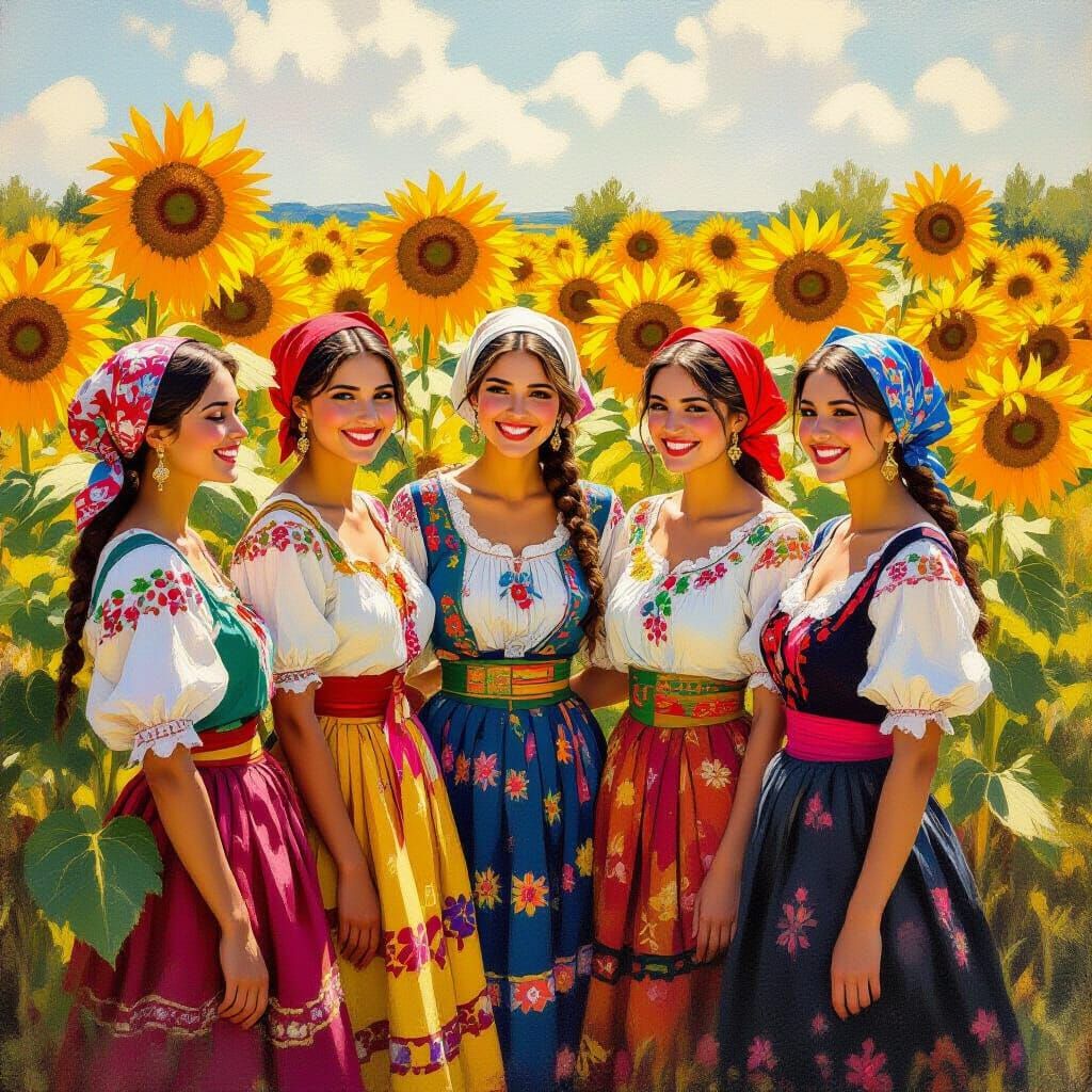 Romanian Women in Sunflowers Oil Painting