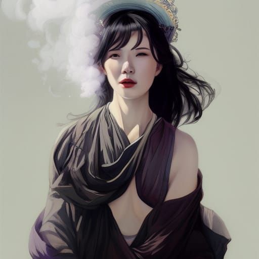 Chinese Woman Portrait with Smoke, Hyperdetailed Art