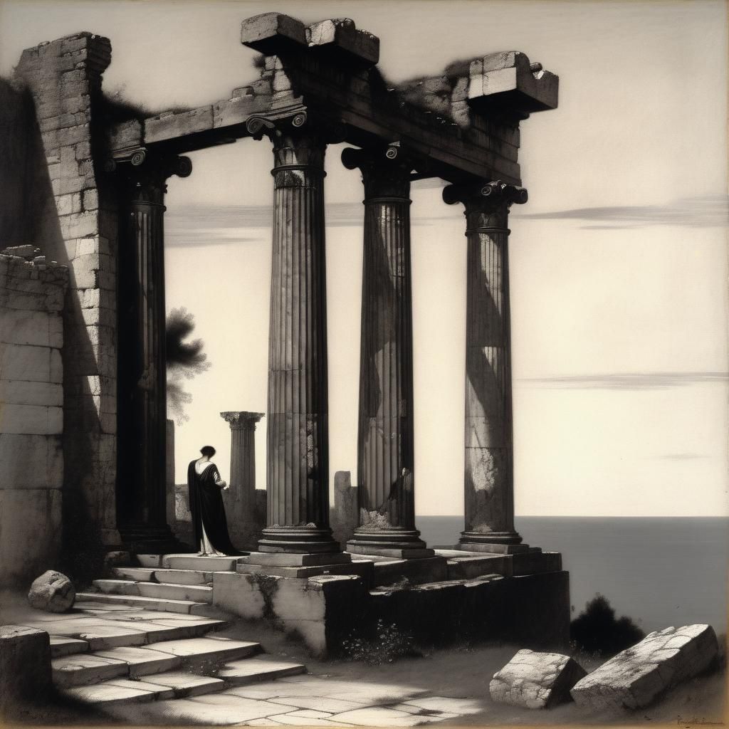 elegant, aristocrat, ancient ruins, brushed charcoal, cel-sh...