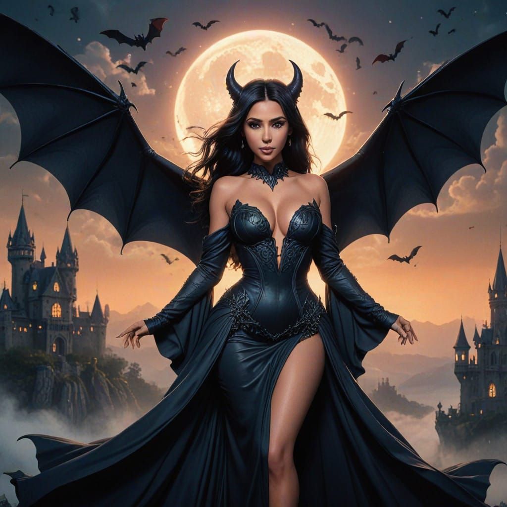 A mesmerizing 3d, hyper-detailed rendering of Kim Kardashian as a Chibi female demoness in a dark fantasy setting. She i...