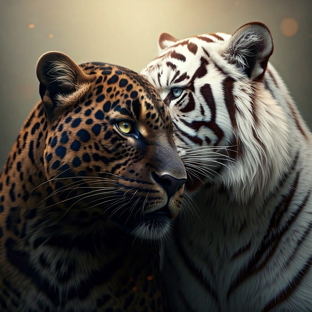 Majestic Black Panther and White Tiger in Tender Hyperrealis...