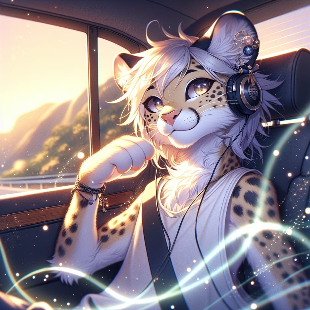 Anime Cheetah Lounging in Car Backseat