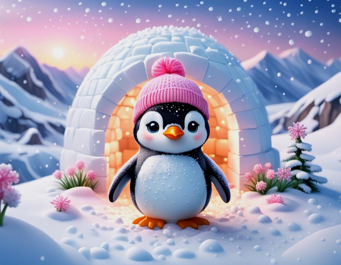 Chibi Penguin in Igloo Entrance at Sunrise
