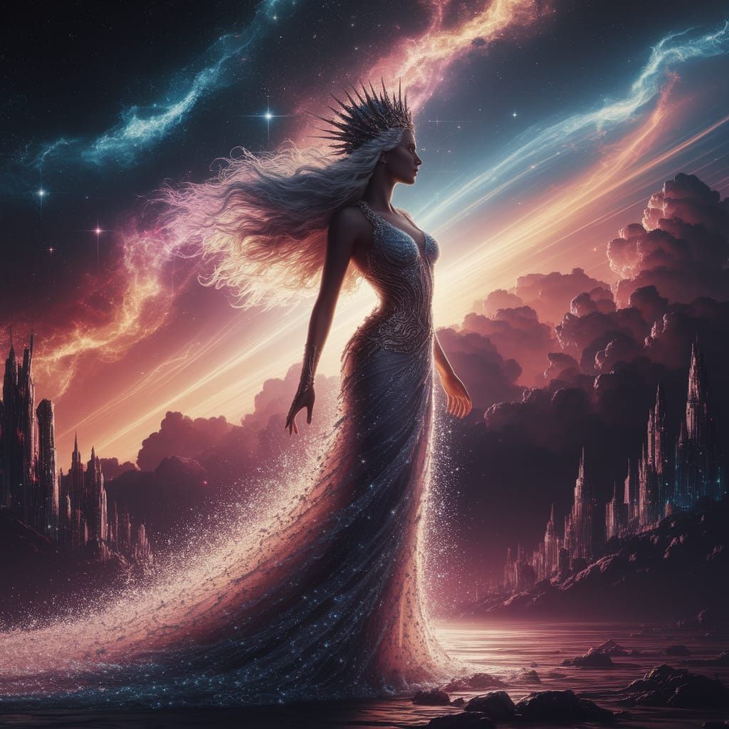 Ethereal Goddess Embracing Cosmic Wonder
