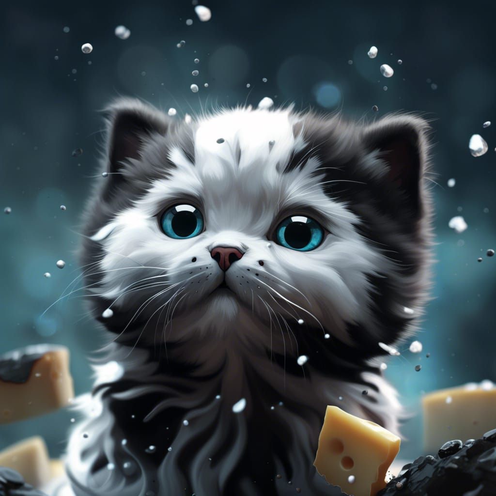 Melting Cheese Kitten Portrait in Sfumato Style