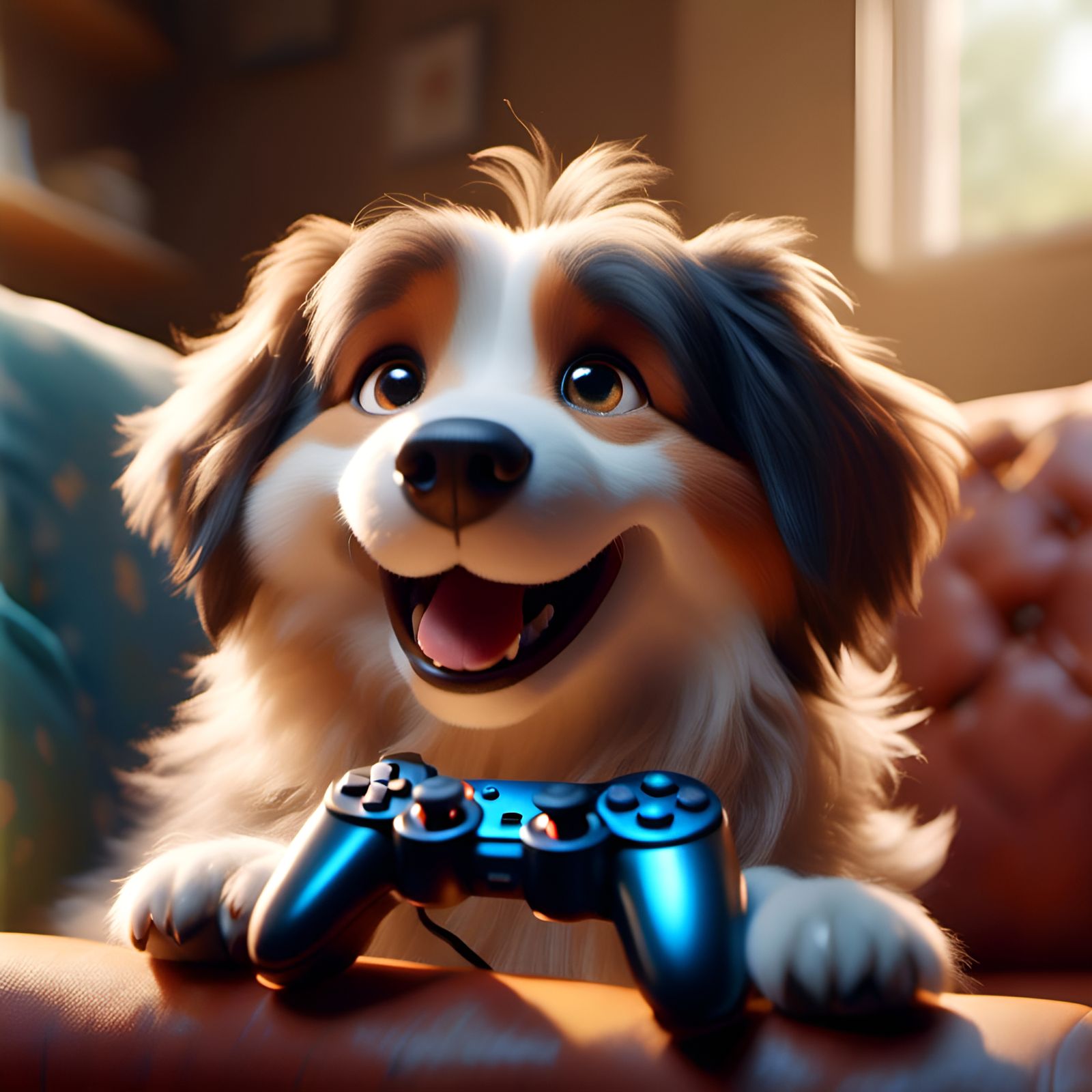 Happy Dog Plays Video Games on Couch