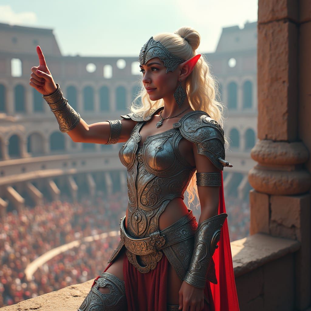 Triumphant Elf Warrior in Colosseum Balcony, Fantasy Art