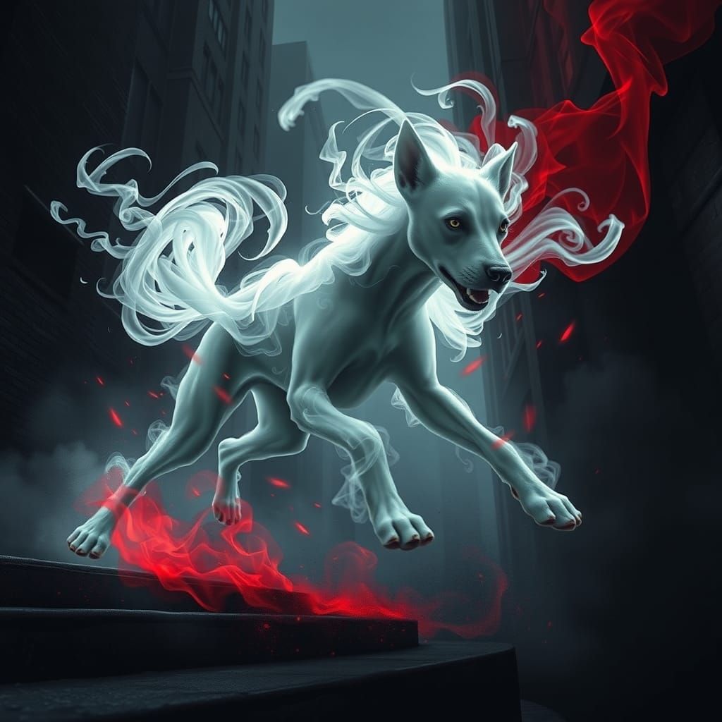 Ethereal Ghost Dog in Dark Cityscape