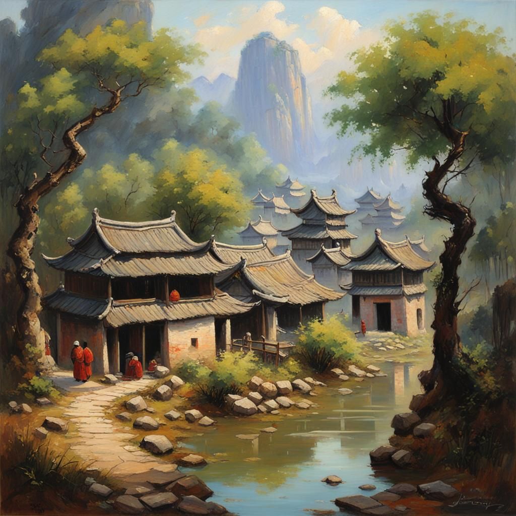 Ancient Chinese Village in Forest: Oil Painting