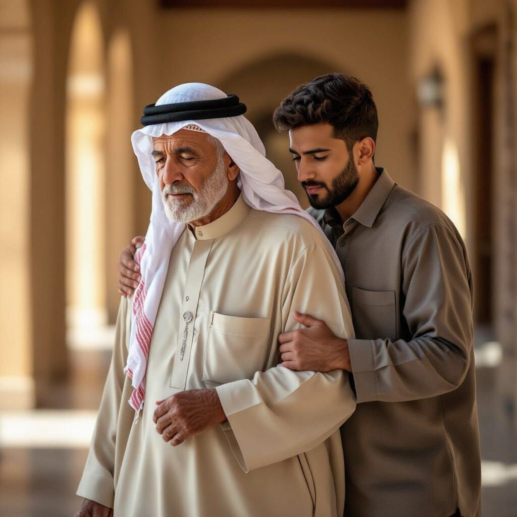 Compassionate Portrait of Elderly Arab Man Supported by Son