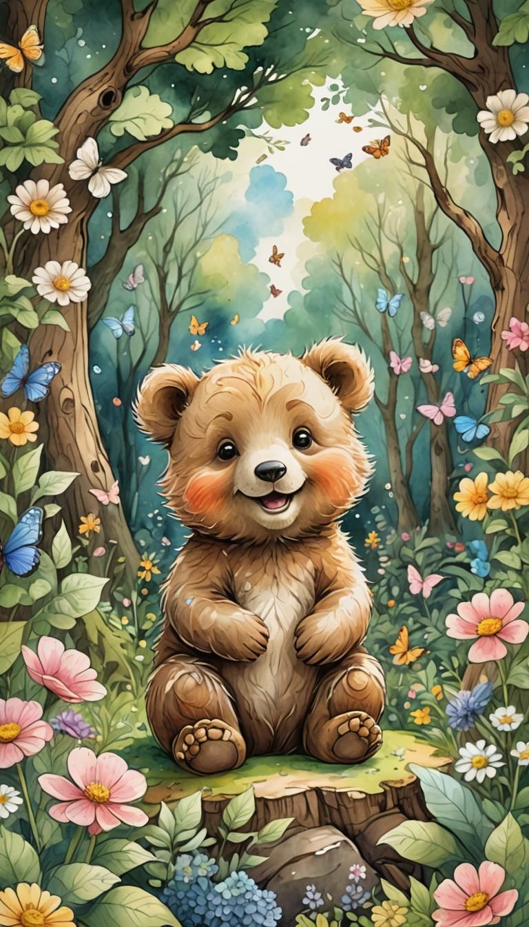 Charming Bear Cub in Watercolor Forest Scene