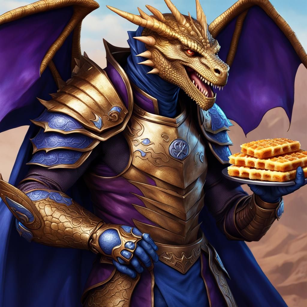 Half-Dragon Paladin with Arm Gun Eats Waffles