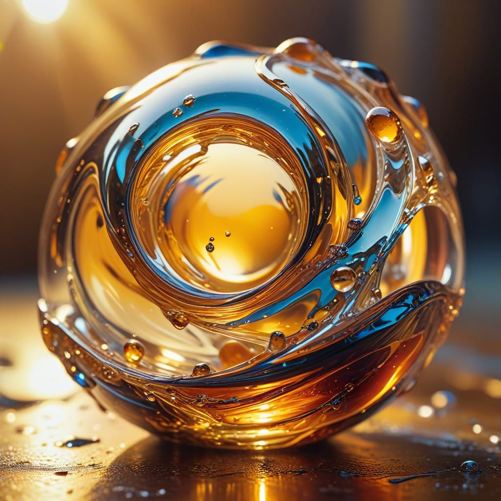 Surreal Melting Glass Sculpture Reflecting Golden Light