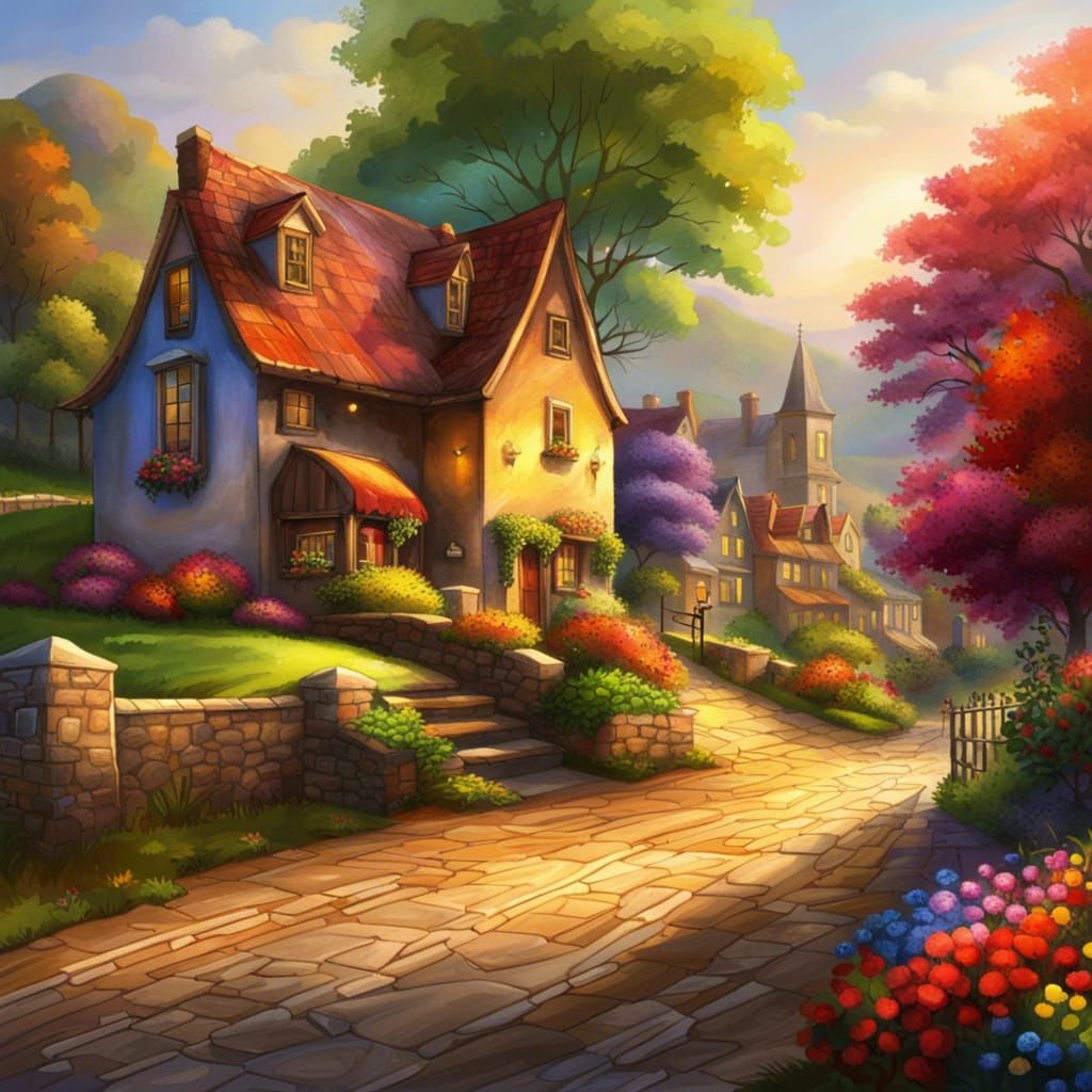 Quaint Cottages by River with Flower Gardens