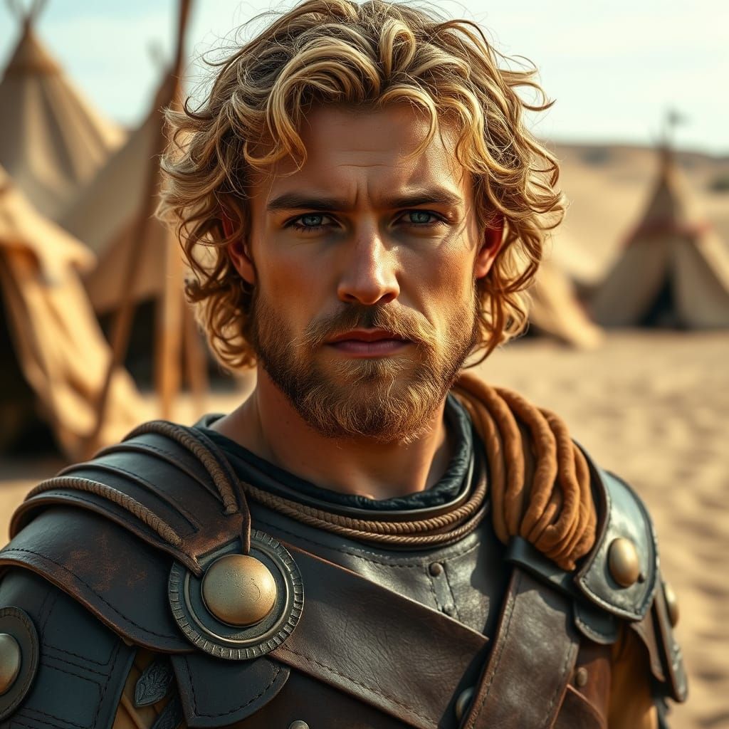 Roman Prince in Leather Armor Stands in Desert Landscape