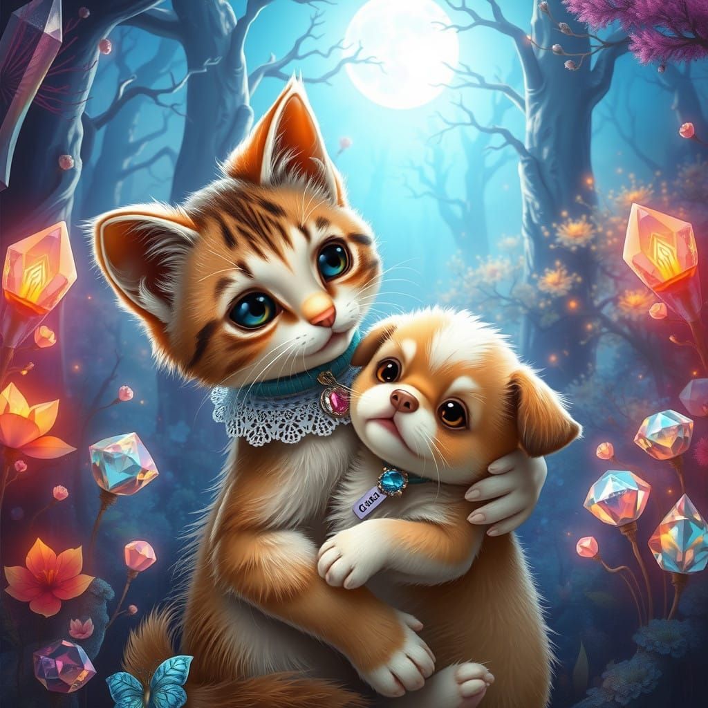 Whimsical Feline and Canine Friendship in Enchanted Forest