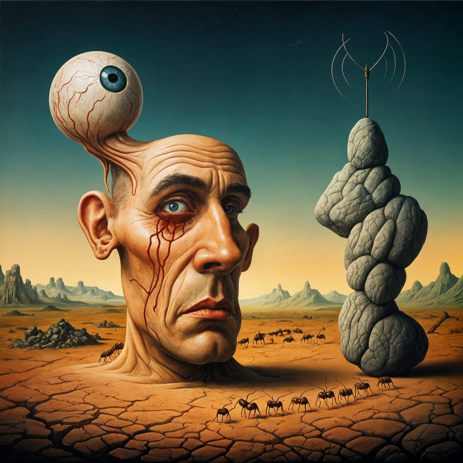 Surreal Distorted Man with Rock Sculpture