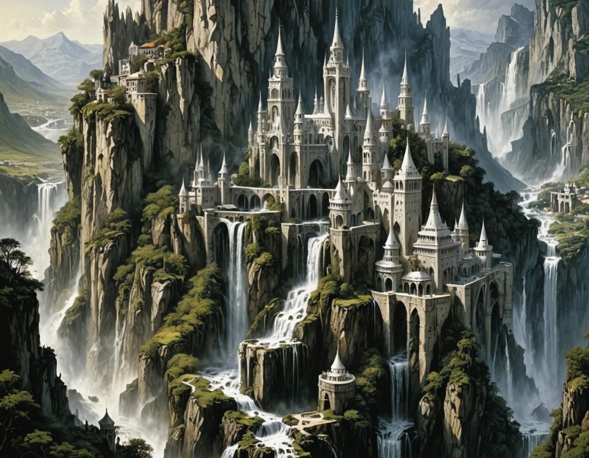 White Medieval City on Waterfall, Fantasy Art