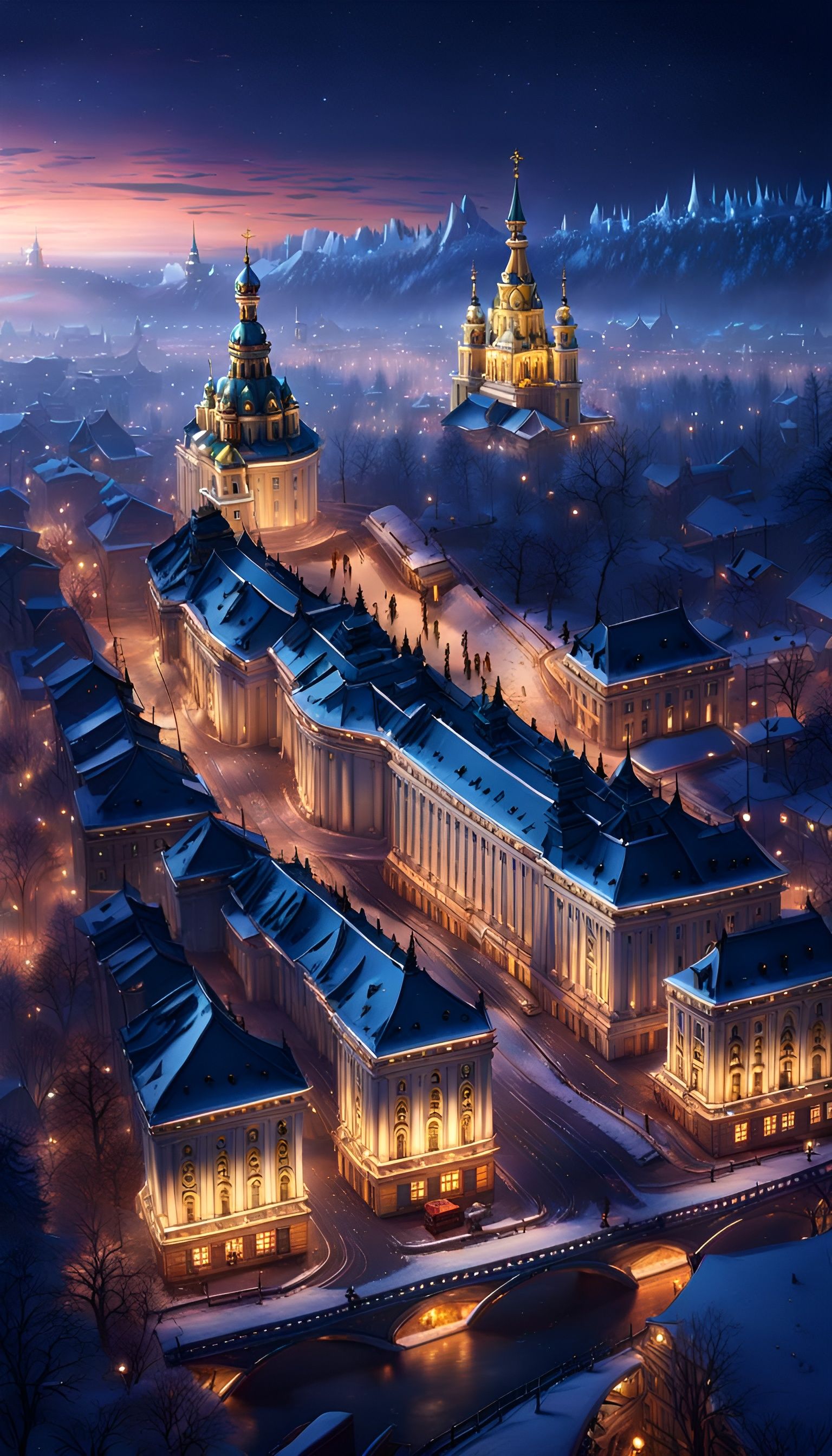 Kyiv at Night in Winter: Anime Style Digital Art