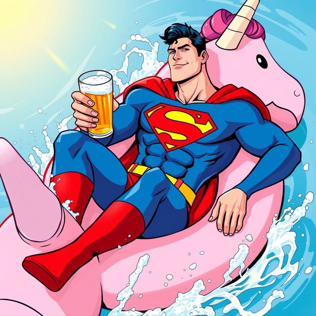 Comic Book Superman on a Unicorn Floaty with Beer