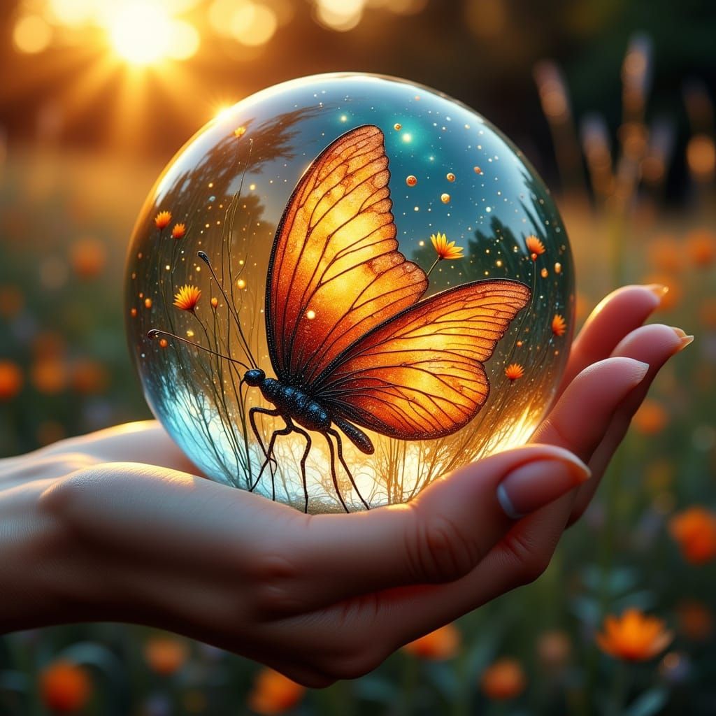 Ethereal Butterfly Amidst Sunset Hues in a Glass Orb
