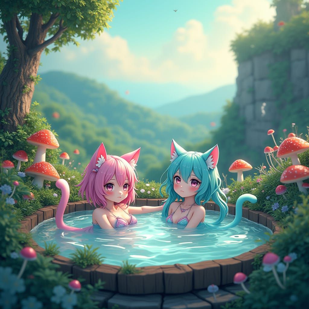 Anime Catgirls Soak in Tranquil Hot Tub Oasis