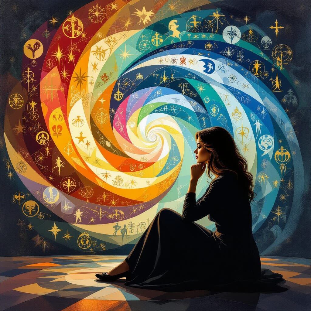 Woman Contemplating Ideologies in Surrealist Vortex