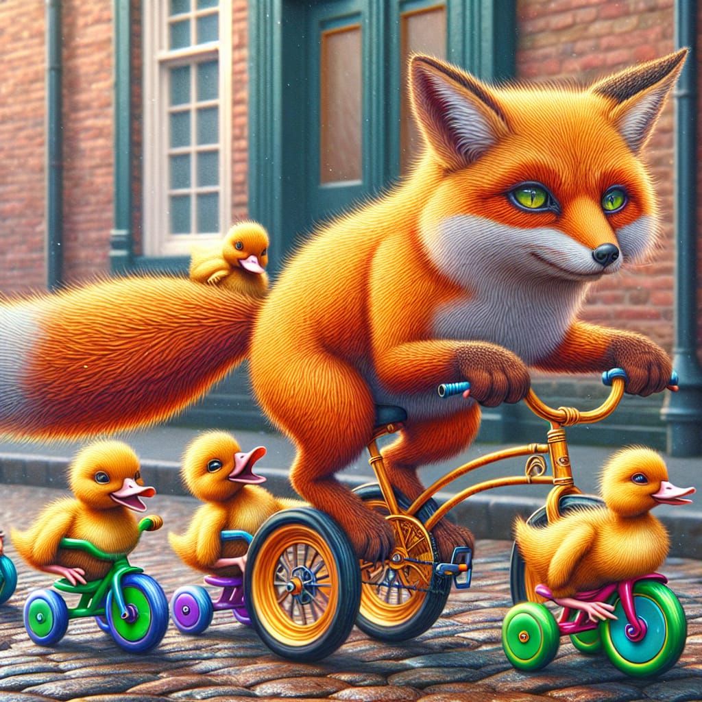 A Playful Fox on a Bicycle Chased by Ducklings
